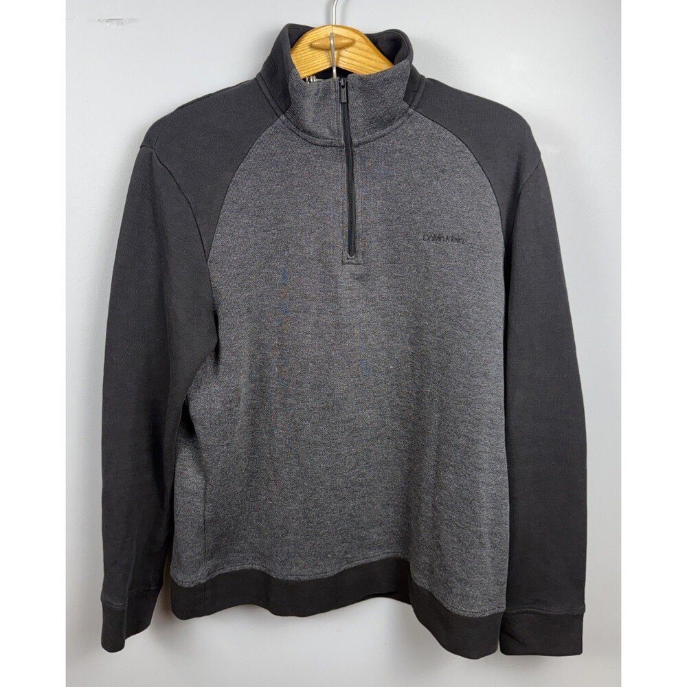 Calvin Klein Sweater Mens Large Black Gray 1/4 Quarter Zip Up Pullover Casual